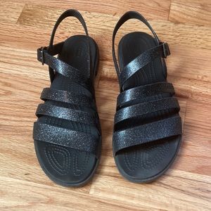 Black sparkly tulum crocs